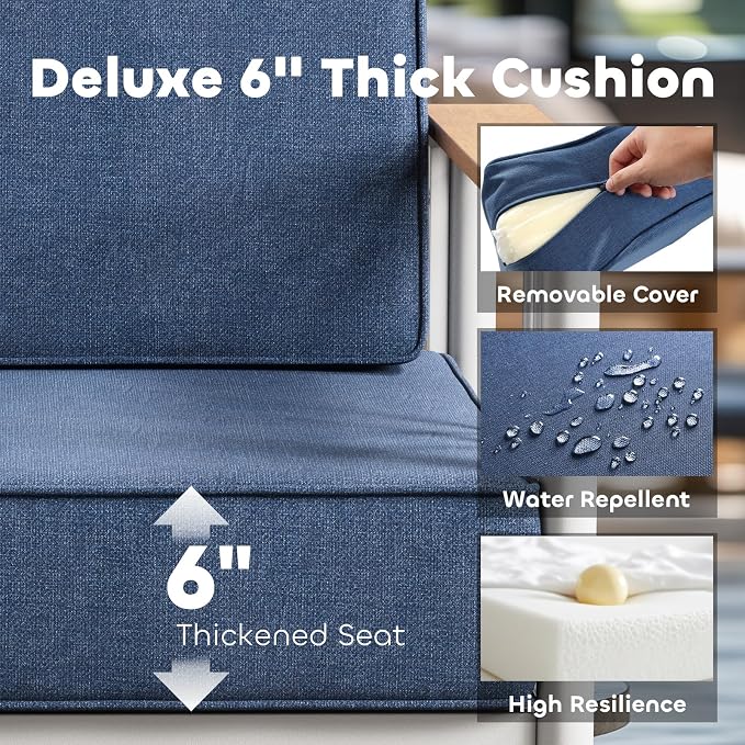 Luxury Outdoor Furniture Set with Swivel Chairs, 5 PCS Patio Furniture Set with 6" Extra Thick Cushions, Suitable for Porch, Balcony, Deck, Patio, Yard, Poolside, White/Blue