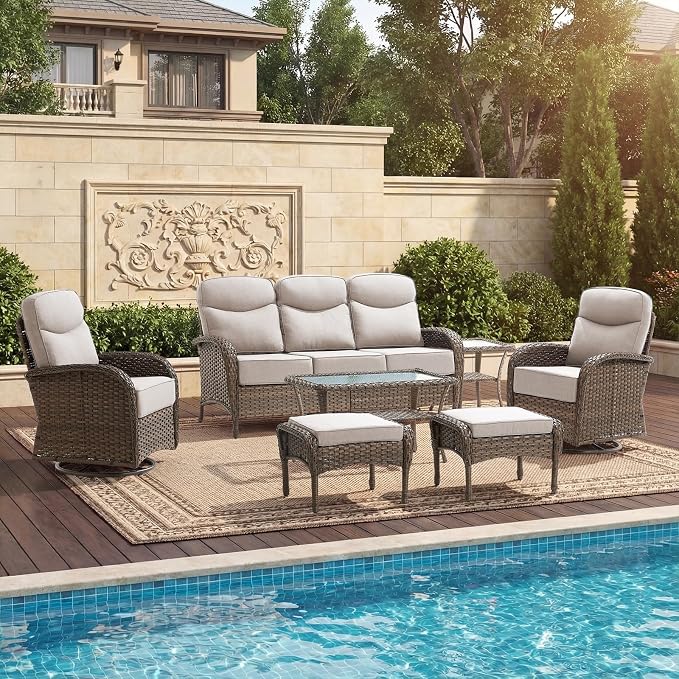 High Back Luxury Patio Furniture Set with 6-inch Thick Cushion, Swivel Rocker Patio Chairs with Outdoor Couch, 7 Piece Wicker Conversation Set for Deck Yard Garden Balcony Beige