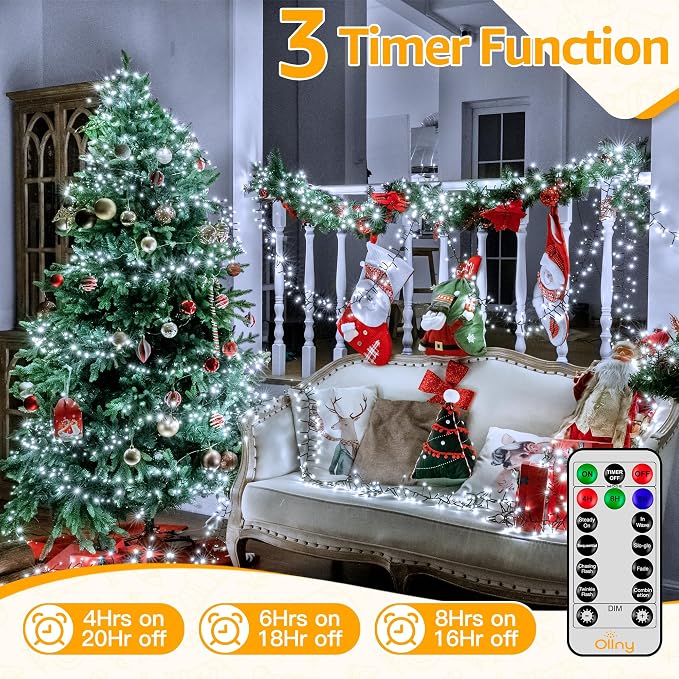 Ollny Cluster Lights Christmas 1000LED 49FT, Cool White Christmas Tree Lights 8 Modes Timer Remote, Waterproof String Lights for Outdoor Indoor Outside Garland Xmas Decorations