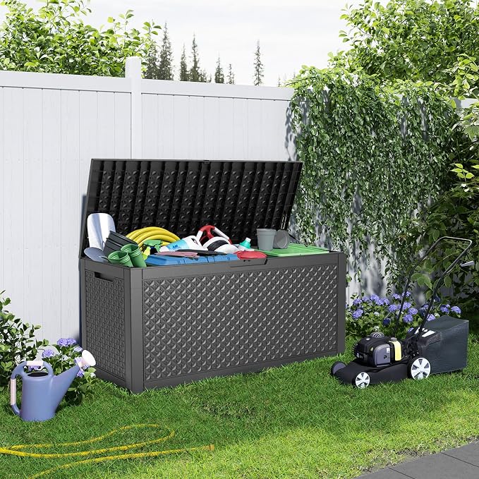 Vixzen 110 Gallon Deck Boxes Outdoor Waterproof, Large Resin Lockable Storage Box with lid for Patio Furniture Cushions, Weatherproof Outdoor Storage Boxes for Garden Tools & Pool Accessories(Black)