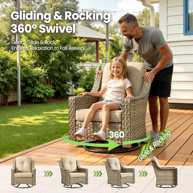 Patio Conversation Set,5 Pieces Wicker Patio Furnitures with Swivel Chair and Coffee Table,All Weather Patio Furniture Set for Garden,Backyard,Poolside and Patio,Beige