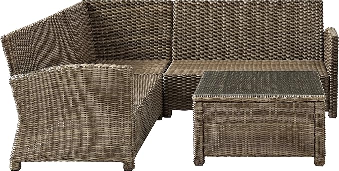 Crosley Furniture Bradenton 4-Piece Outdoor Sectional Sofa Wicker Conversation Patio Furniture Set for Deck, Brown with Sangria Cushions