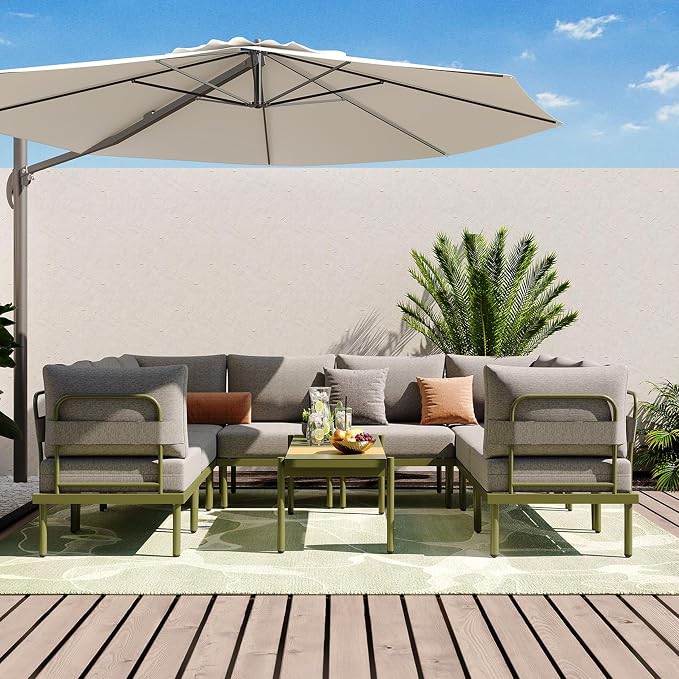 Sundale Outdoor 9 Pieces Patio Furniture Set, U-Shaped Outdoor Sectional Sofa with 6 Inch Olefin Cushion and Coffee Table, Modern Metal Outdoor Conversation Sets for Backyard, Poolside