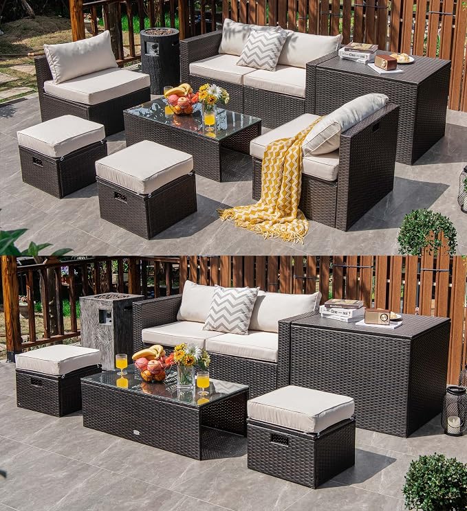 COSTWAY 8-Piece Outdoor Patio Furniture Set, Rattan Sectional Sofa, Armless Chairs, Side Table with Storage Ottoman & Glass Coffee Table, Space-Saving Conversation Set for Garden Deck (White)