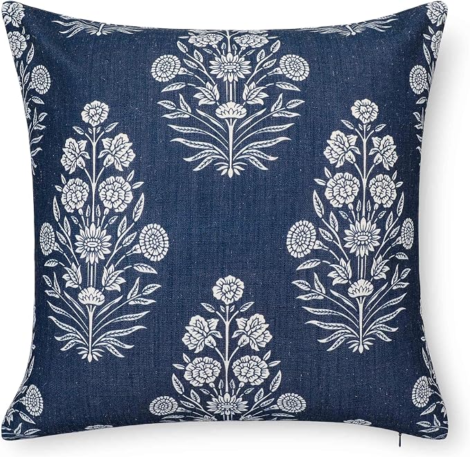 California Casual Coastal Indoor Outdoor Throw Pillow Cover, 20"x20" Water Repellent for Patio, Backyard, Couch, Poolside, Dark Navy Print Floral