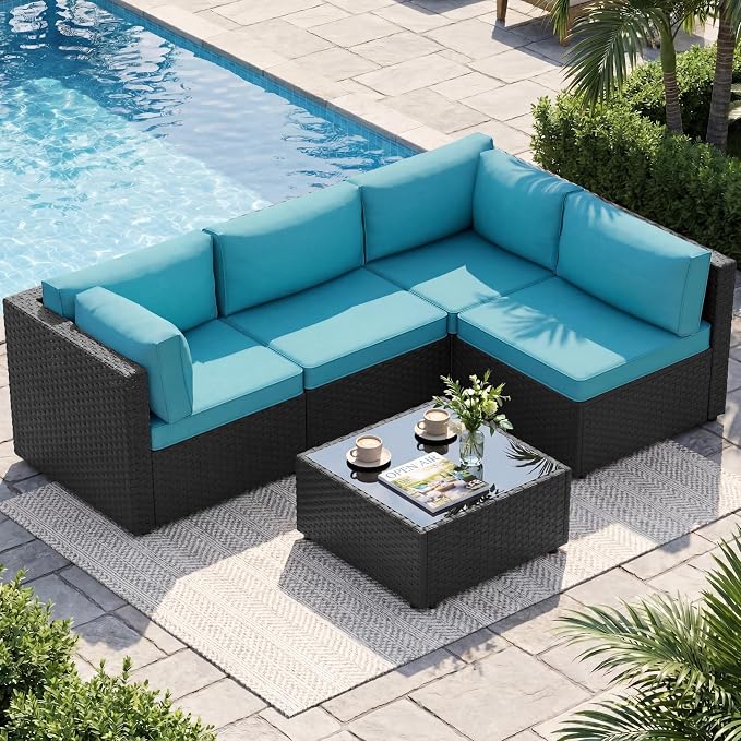 5 Piece Outdoor Patio Furniture Set,Black PE Rattan Wicker Sectional Sofa, All Weather Conversation Set with Washable Cushions & Glass Coffee Table for Backyard Poolside Garden Porch,Blue