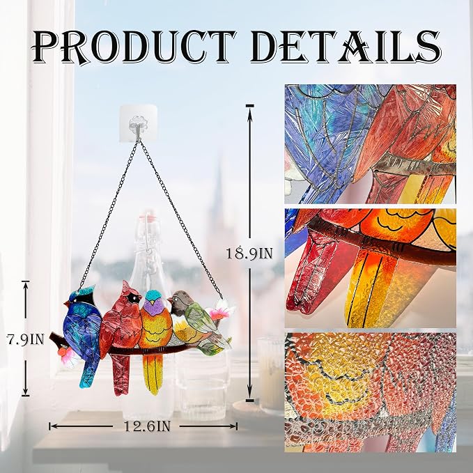 DASTOLL Stained Glass Window Hanging - Large Suncatcher Stained Glass Birds on Branch, Sun Catchers for Indoor Window Doors Room Home Decoration Hummingbird Gifts for Bird Lovers