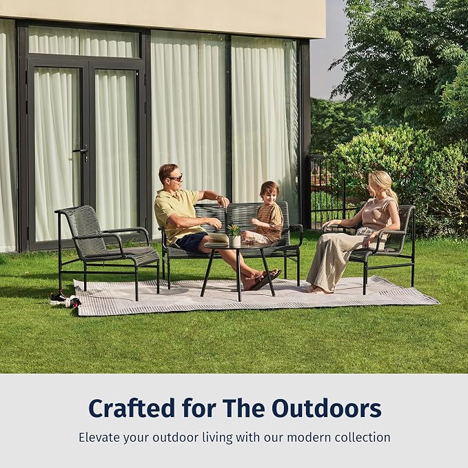 East Oak 4 Piece Patio Furniture Set, Outdoor Furniture with PE Wicker Rattan Chairs and Coffee Table, Modern Patio Conversation Set with Soft Pad for Garden, Backyard and Porch, Misty Grey