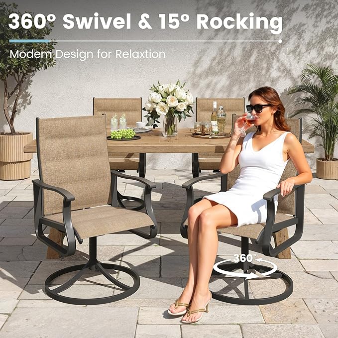 7 Pieces Patio Dining Set, Padded Patio Outdoor Furniture Set of 6 Patio Swivel Dining Chairs and Patio Spliced Rectangular Tabletop with Umbrella Hole, for Deck, Backyard, Poolside & Garden