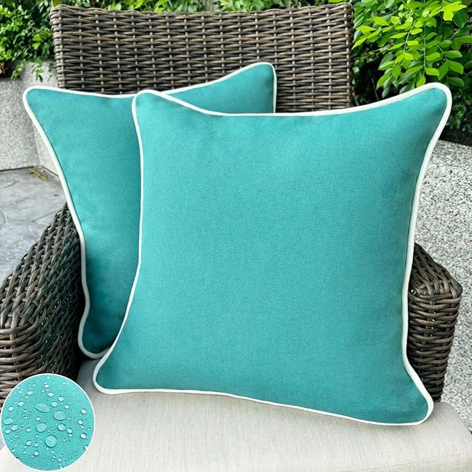 HER HWA Outdoor Throw Pillow Covers White Piping 18x18 Set of 2, Turquoise | durable fade-resistant water-resistant 100% polyester white piping smooth zipper machine washable for indoor outdoor décor