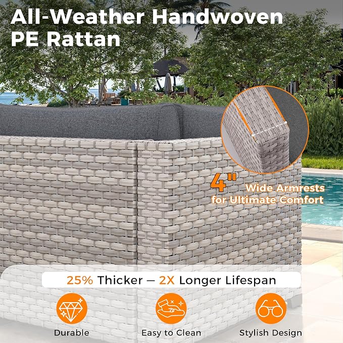 14-Seat Modern Patio Furniture Set with Swivel Rocking Chairs, Thick 4″ Cushions, Dual-Strand Wicker Rattan, Rust-Resistant Steel Frame – Outdoor Conversation & Modular Sectional,Black