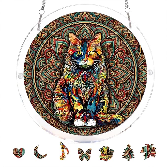 Acrylic Puzzle Suncatcher, Colorful Cat Sun Catcher Jigsaw Puzzle Window Hanging, Acrylic Puzzles Kit Home Garden Decor, Mothers Day and Birthday Gifts for Mom, Wife, Sisters, 7.87 inch