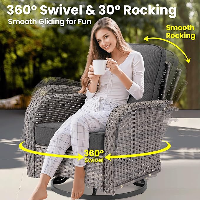 ovios 8 Pieces Patio Furniture Set, Outdoor Wicker Sofa Couch with Swivel Glider Chairs Solar Lights Table, Modern Deep Seat Rattan Conversation Sets for Deck Porch, Black