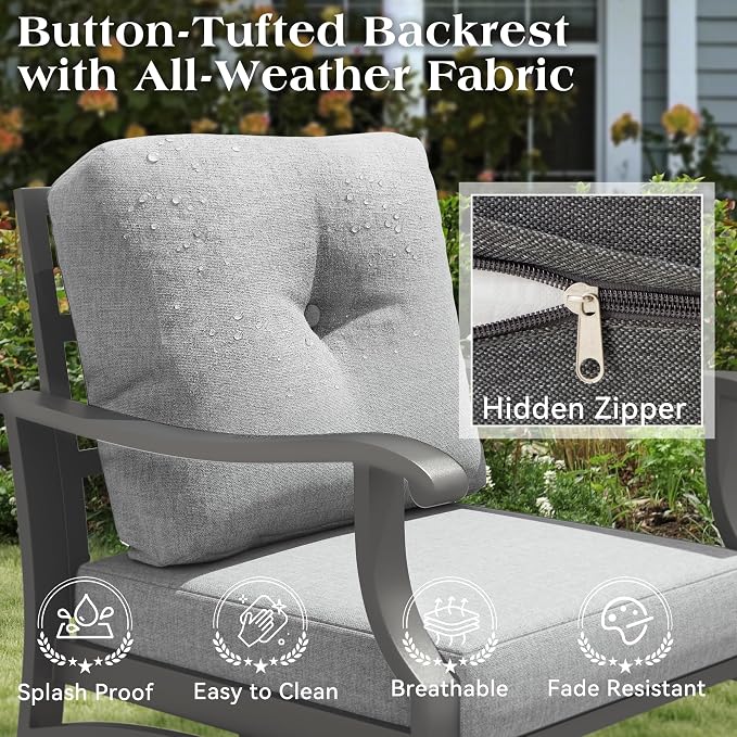 9 Piece Patio Conversation Set, Outdoor Metal Furniture Set w/Rocking Swivel Chairs, 3-Seat Sofa, Ottomans and Coffee Side Table, 5" Thickened Cushions for Backyard, Poolside, Gray