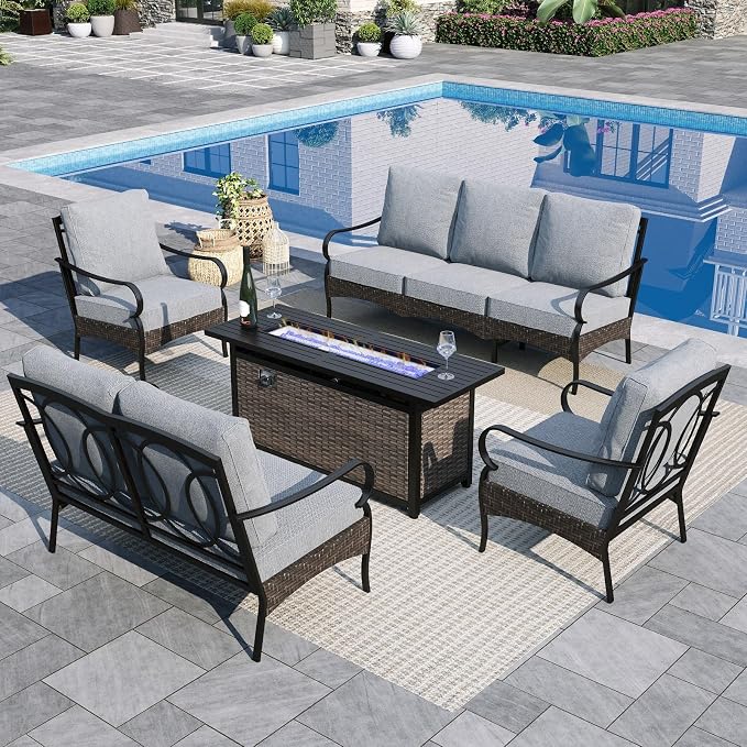 Sophia & William Patio Furniture Set with Fire Pit Table, 5 PCS Metal Outdoor Conversation Set with Fire Pit Table, 2 Sofa Chairs,1 Loveseat, 3-Seater Couch for Outdoor Seating, Backyard, Porch(Grey)