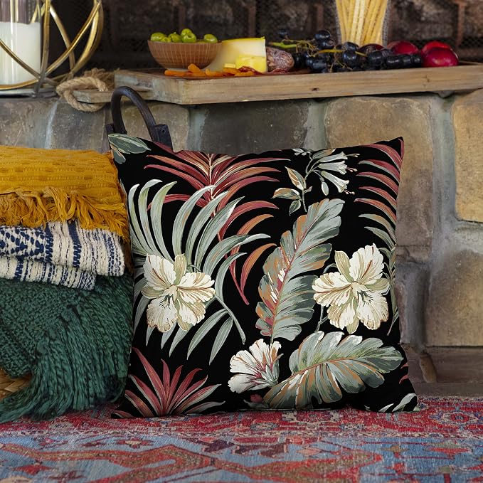 Arden Outdoor Toss Pillow, 16x16, Black Tropical | Indoor/Outdoor Décor, Rain-Proof, Fade Resistant, Mold and Mildew Resistant