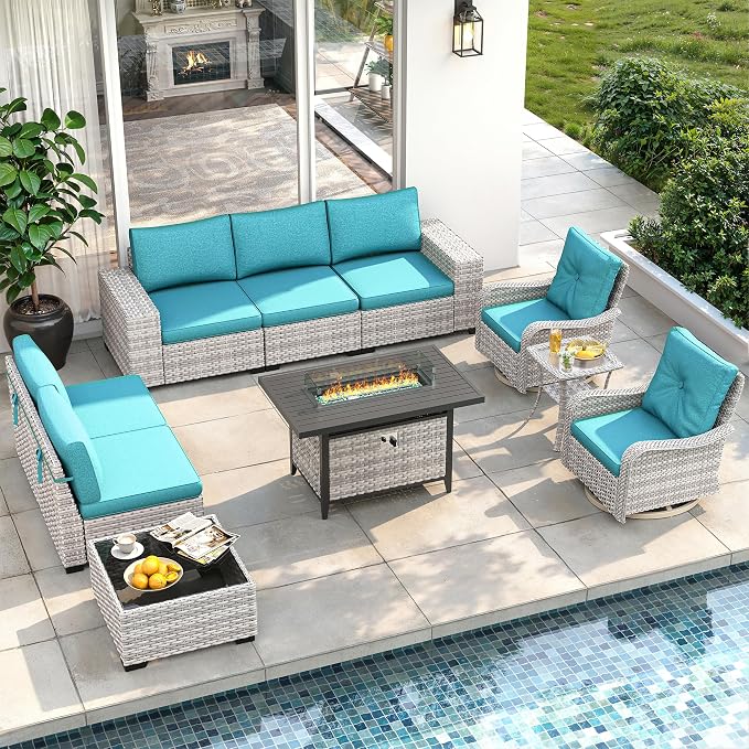 10 Piece Outdoor Wicker Sectional Sofa Set with Swivel Chairs & Fire Pit Table, 7-Seats with 4" Thickened Cushions & Coffee Table, All-Weather PE Rattan for Garden, Backyard, Porch, Turquoise
