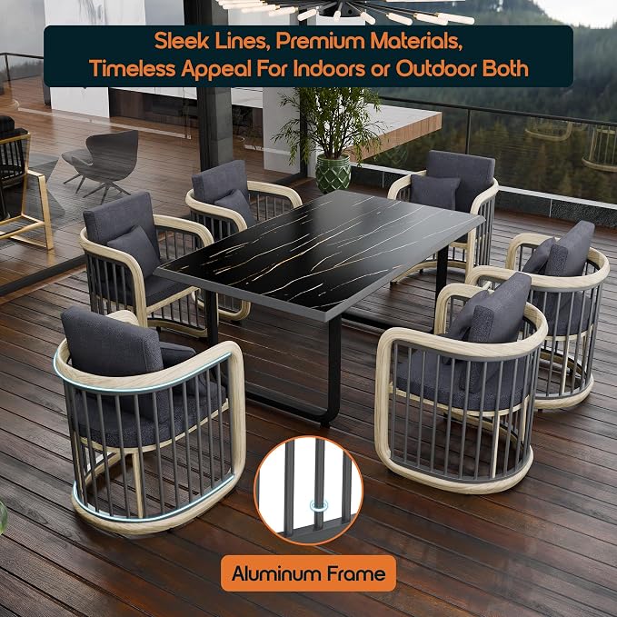 Klyra 7-Piece Outdoor Patio Dining Set Modern Aluminum Rectangular Dining Table and 6 Slatted Chairs with Stain-Resistant Cushions, Weather-Resistant Furniture for Garden, Deck, and Indoor Use, Grey