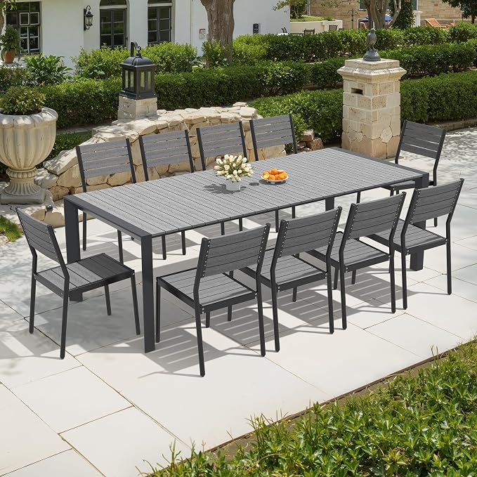 11 Pieces Outdoor Patio Dining Set, 95" Aluminum Table and Stackable Chairs | Adjustable Umbrella Hole & Wood Grain Tabletop for Garden, Patio, Backyard (Grey)