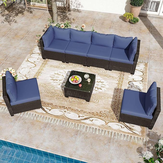 LAUSAINT HOME 7 Pieces Outdoor Patio Furniture, Outdoor Sectional Sofa Patio Furniture Sets Wicker Rattan Patio Conversation Sets with Cushion and Glass Table (Dark Blue)