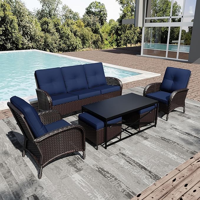 Joyside Wicker Patio Furniture Set, 6 Piece Outdoor Furniture Set with Thickened Cushions, High Back, Deep Seating, Wide Armrest, Rattan Outdoor Chairs for Porch, Deck