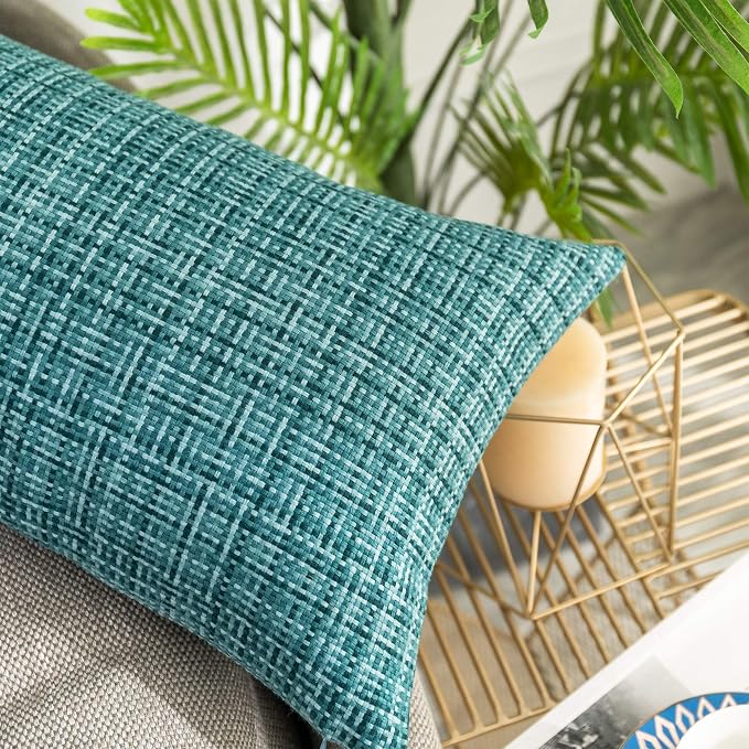 Kevin Textile Outdoor Waterproof 12"x24" Lumbar Pillow Covers 2 Pack, Teal | Water Resistant, Faux Linen Yarn-dyed, Woven Texture Throw Pillow Covers for Tent Patio Garden Couch Sofa