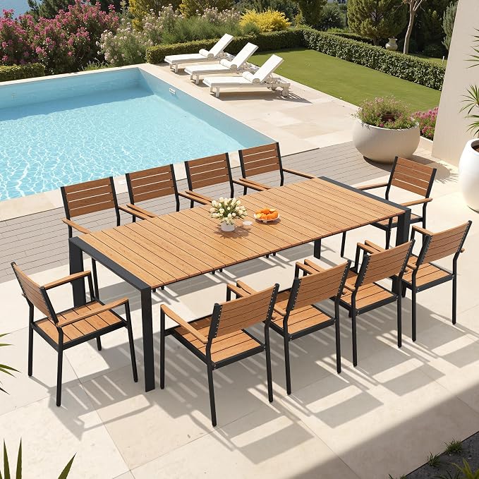 11-Piece Outdoor Dining Set, 95" Aluminum Table and Stackable Armchairs | Umbrella Hole and All-Weather WPC Rectangular Patio Furniture for 10 for Garden Patio Backyard (Brown)