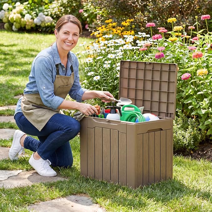 Flamaker Deck Box 30 Gallon, Waterproof Resin Small Storage Box with Lid, Outdoor Patio Furniture Cushion Garden Tool Organizer, Lockable Package Delivery Box for Porch Balcony (Brown)