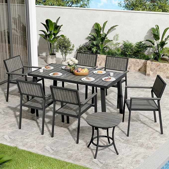 8-Piece Patio Dining Set，Aluminum Outdoor Furniture Set with Wood Table Top,Patio Table and Chairs Set with 6 Outdoor Stackable Chairs for Patio Garden Poolside，Ink