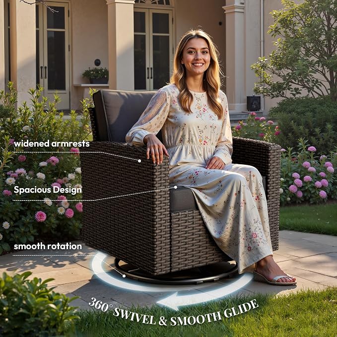 WWR Patio Furniture Set-30% Thicker Wicker-Luxury1 Piece PatioWicker Outdoor Patio Conversation Set with Extra Wide & Thick Cushions, Swivel Rocking Chairs for Backyard, Porch & Deck