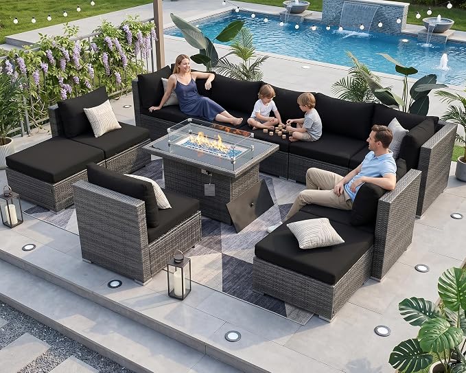 NICESOUL 11 Piece Modern Outdoor Sofa Set, 29.3'' High Back Comfy Big Size Wicker Patio Modular Sectional with Fire Pit Table & Ottoman, Rattan Conversation Furniture, Black & Gray