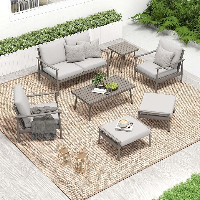 HAPPATIO Patio Outdoor Furniture Set - 7 Pieces Aluminum Outdoor Conversation Set Includes 1 Loveseat, 1 Coffee Table, 1 Side Table, 2 Armchairs, and 2 Ottomans for Porch, Lawn (Grey)