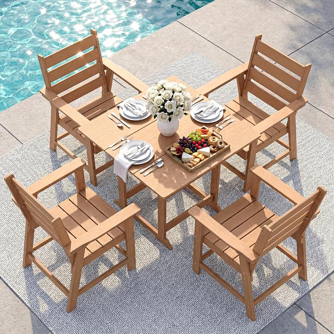 HDPE Dining Chair Set of 2, All-Weather Patio Dining Chair with Armrests, Wood Grain Texture, Heavy Duty Outdoor Furniture for Backyard, Garden.Cedar