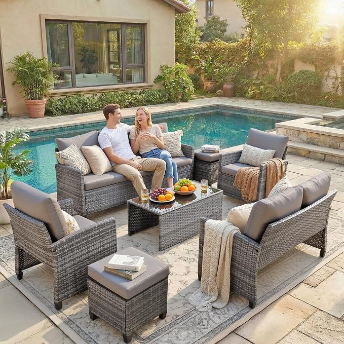 7 Pcs Patio Set, Outdoor Wicker Sofa/Ottomans & Table Gray/Gray | Weather Resistant PE rattan | All-Weather Durability | Removable Easy Clean | 350 lbs | Ideal for Backyard, Poolside, Balcony