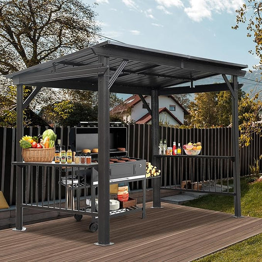 Domi 6.5x12FT Hardtop Grill Gazebo, Outdoor BBQ Gazebo with 2 Side Shelves and Sloping Galvanized Steel Roof, Metal Permanent Grill Canopy with Ceiling Hooks for Patio, Lawn, Backyard, Deck, Gray