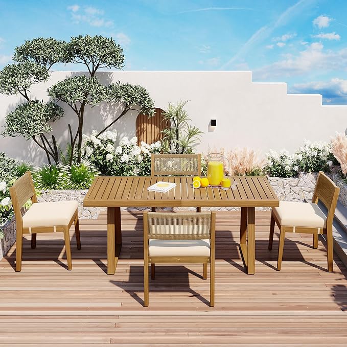LUMISOL 5 Piece Outdoor Dining Table Set, Acacia Wood Dining Table and Chairs Set with Thick Cushions, Farmhouse Kitchen Table Set for Indoor and Outdoor, Beige