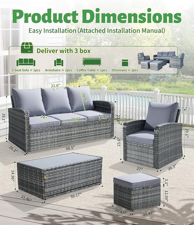 6-Piece Outdoor Patio Furniture Set, Wicker Sofa and Chairs with Cushions & Ottomans, PE Rattan All-Weather Conversation Set with Coffee Table, Comfortable Seating for Backyard, Poolside, Garden Grey