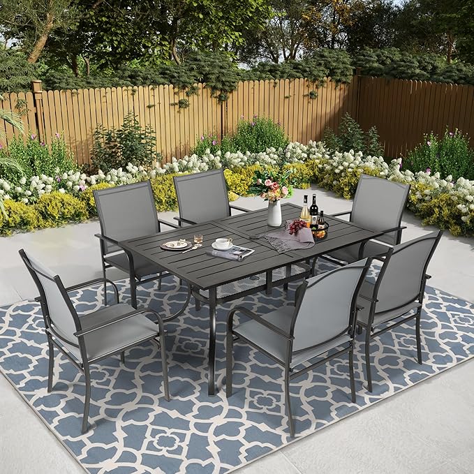 Crownland 7-Piece Outdoor Dining Set, Patio Textilene Dining Sets, 6 Metal Textilene Chairs and Rectangular Outdoor Dining Table with 1.57" Umbrella Hole(Grey)