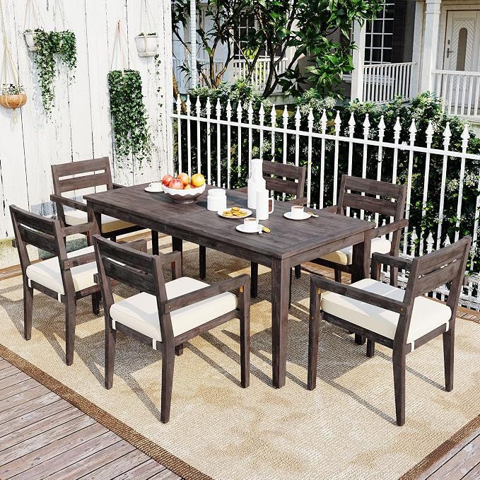 RUNNA 7-Piece Outdoor Patio Dining Set,Acacia Wood Outdoor Dining Table and Chairs Set with Armrest Chairs with Cushions for Patio, Balcony Or Backyard (Grey/Acacia Wood)