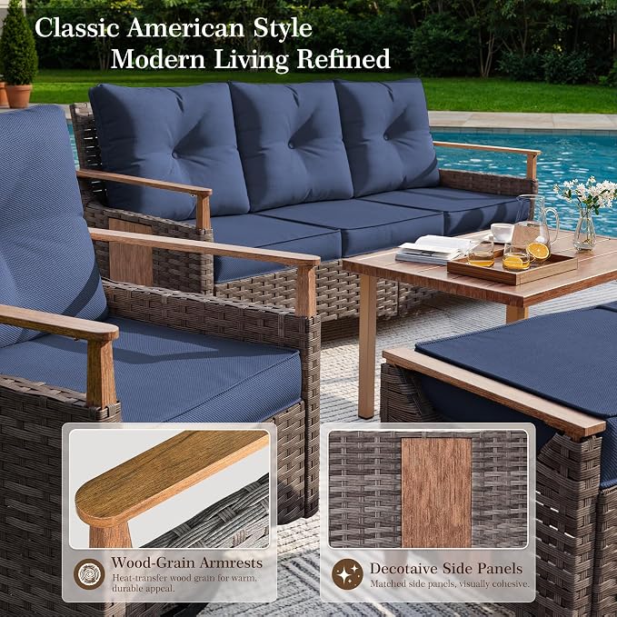 NestNook 6 Pieces Patio Furniture Set, Outdoor All-Weather Handwoven PE Wicker Swivel Chairs, Conversation Set with Coffee Table, Sofa with Thick Cushion & Ottoman for Backyard, Deck & Poolside, Blue