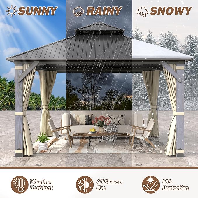 12' x12' Wood Gazebo, Outdoor Hardtop Gazebo with Wood Posts and Galvanized Steel Doule Roof, Wooden Frame Gazebos with Netting and Curtains for Patio Backyard Deck Garden