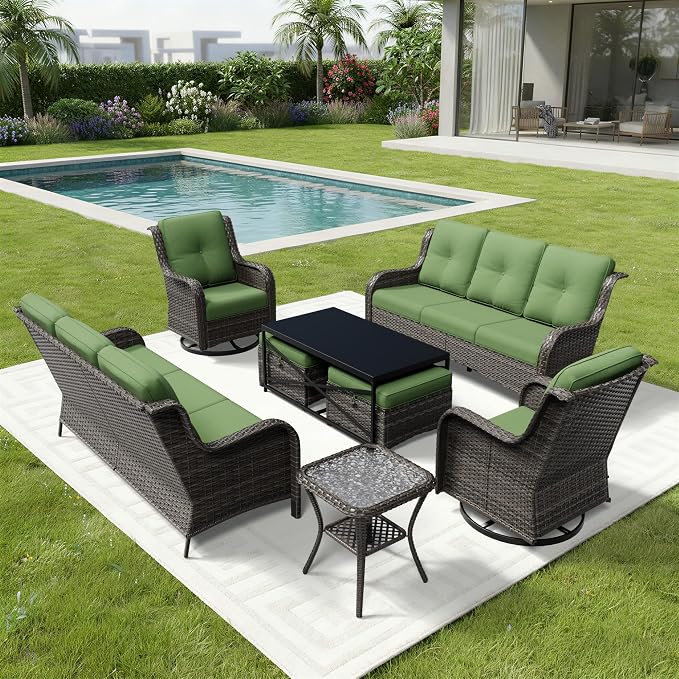 Joyside 8 Piece Wicker Patio Furniture Set, Outdoor Swivel Rocker Patio Chairs with High Back, Deep Seating, Wide Armrest, Thickened Cushions, Outdoor Furniture for Deck, Porch Use