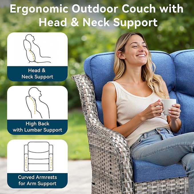 Luxury Outdoor Patio Furniture Set-Wicker High Backrest 3-Seat Patio Sofa with Comfy 6" Cushion, Rattan Couch with Deep Seat All-Weather Patio Conversation Set for Deck Backyard Garden(Grey/Blue)