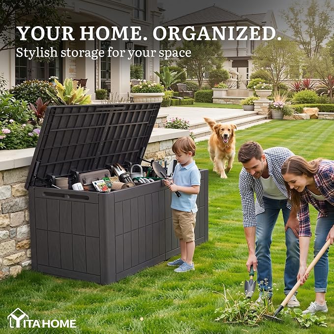 YITAHOME 134 Gallon Large Deck Box, Waterproof Resin Outdoor Storage Box with Lock, Doubles as 2-Person Bench Seating for Patio Furniture Cushions,Garden Tools & Pool Accessories, Dark Brown
