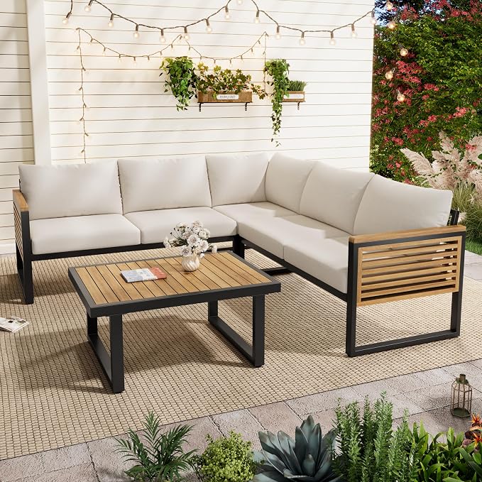 JIVOIT Outdoor Patio Furniture Set, 4-Piece Acacia Wood and Metal Patio Sofa Corner Set with Coffee Table, Modern Conversation Set for Backyard Porch Garden Balcony