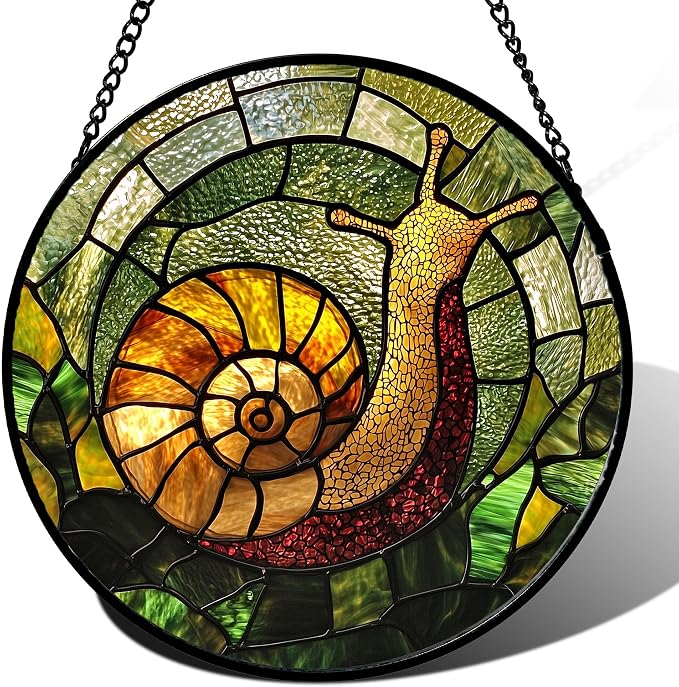 Stained Glass Window Hanging, Green Orange Snail Sun Catcher for Door Home Decor Suncatcher Christmas Mother's Day Birthday Gifts for Women Men Mom and Nana 15 in