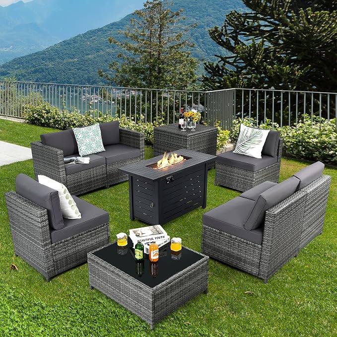 Tangkula 9 Pieces Patio Rattan Furniture Set, Patiojoy Sectional Sofa Set w/Fire Pit Table, Storage Box, Coffee Table, Outdoor Wicker Conversation Set w/ 42” Propane Fire Pit Table (Grey)