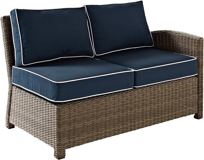 Crosley Furniture Bradenton 5-Piece Outdoor Sectional Sofa Wicker Conversation Patio Furniture Set for Deck, Brown with Navy Cushions