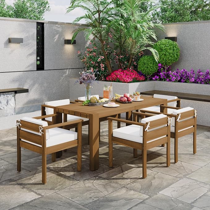 7-Piece Patio Dining Table Set for 6, Outdoor Furniture Sets with 72.8" Rectangle Table and Removable Cushions,for Backyard Garden Poolside (Light Teak+Beige#m)