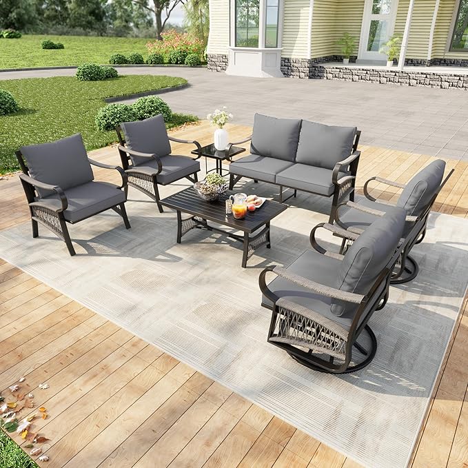 7 Pieces Patio Conversation Sets, All Weather Metal Outdoor Furniture Set Includes 2 Swivel Rockers with Side Table and Loveseat with Coffee Table 2 Single Chairs for Backyard Garden Deck Porch, Gray